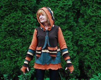 Recycled Sweater Hoodie Top Gypsy Hippie Boho Pagan Fairy Pixie Elvish Nymph Dryad Woodland Fantasy OOAK Patchwork Hooded Tunic Sweater Coat