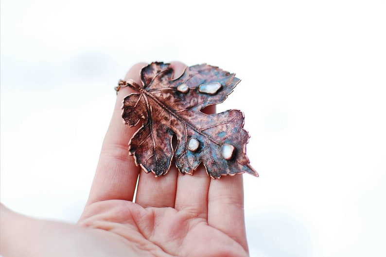 Electroformed Copper and Aura Quartz Real Leaf Pendant Healing Necklace OOAK Fairy Pixie Elf Nymph Dryad Boho Hippie Gypsy Woodland