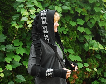 Recycled Wool Pixie Fairy Elven Pointy Hooded Scarf Nymph Dryad Gnome Scoodie Hippie Boho Gypsy Dreadlock Hat Festival Clothing Black Hat
