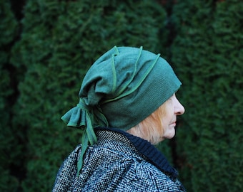 Recycled Beanie Hat Slouchy Wool Hat Hippie Bohemian Gypsy Upcycled Reconstructed Gnome Pixie Fairy Elven Woodland Pagan Green Hipster
