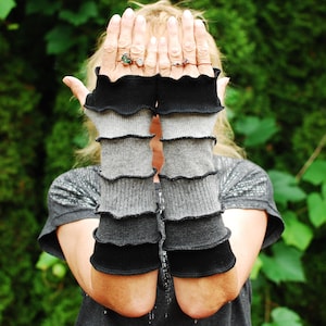 Arm Warmers Recycled Wool Sweaters Mittens Fingerless Gloves Armwarmers Cuffs OOAK Hand Warmers Woodland Fantasy Long Arm Warmers Gray Black