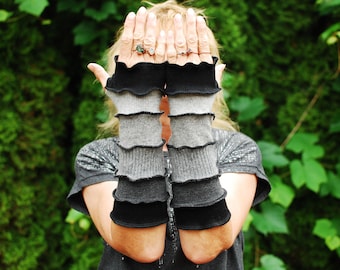 Arm Warmers Recycled Wool Sweaters Mittens Fingerless Gloves Armwarmers Cuffs OOAK Hand Warmers Woodland Fantasy Long Arm Warmers Gray Black