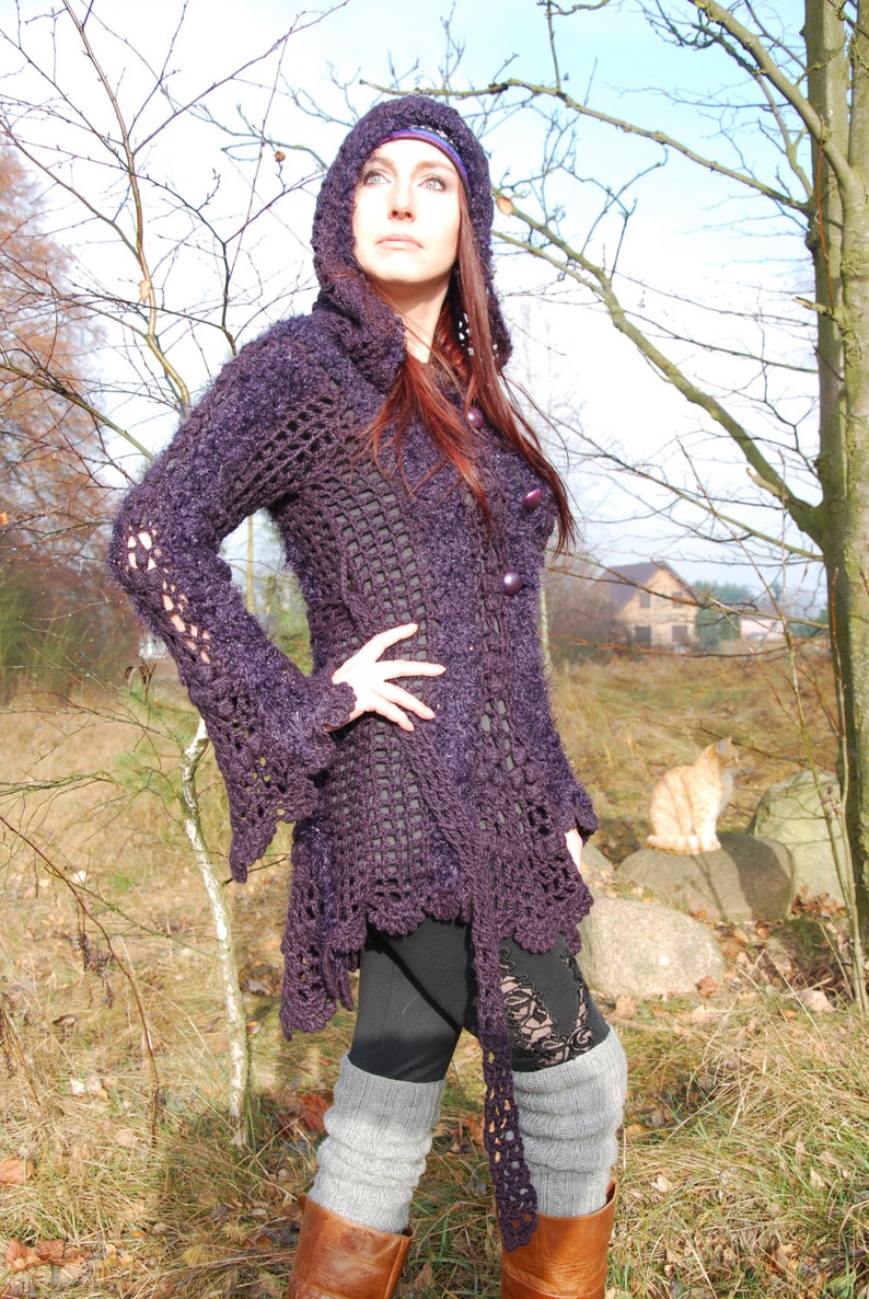 Solstice Crochet Lace Hooded Cardigan Jacket Brown/Wine