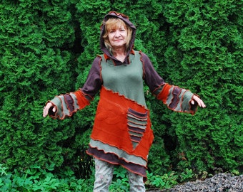 Recycled Sweater Hoodie Top Gypsy Hippie Boho Pagan Fairy Pixie Elvish Nymph Dryad Woodland Fantasy OOAK Patchwork Hooded Tunic Sweater Coat