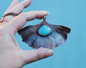Electroformed Copper Amazonite Real Gingko Biloba Leaf Pendant Fairy Pixie Elf Nymph Dryad Boho Gypsy Woodland Necklace Gift for Her