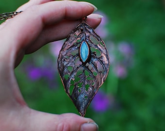 Electroformed Copper Blue Chalcedony Real Leaf Pendant Fairy Pixie Elf Nymph Dryad Boho Gypsy Woodland Necklace Gift for Her