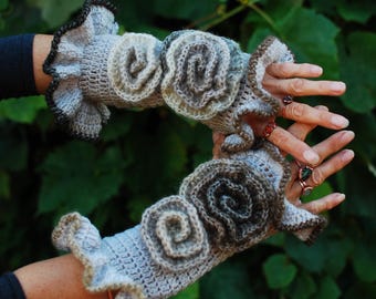 Arm Warmers Crochet Wool Mittens Fingerless Gloves Armwarmers Cuffs Boho Hippie Gypsy OOAK Hand Warmers Woodland Fantasy Pixie Fairy Elf