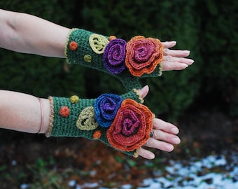 Arm Warmers Crochet Wool Mittens Fingerless Gloves Armwarmers Cuffs Boho Hippie Gypsy OOAK Hand Warmers Woodland Fantasy Pixie Fairy Elf