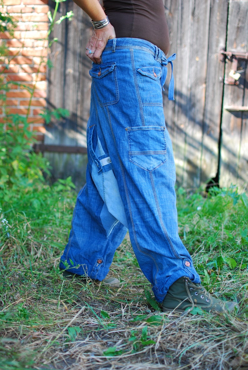 Recycled Denim Patchwork Harem Pants Upcycled Jeans Yoga Pants Drop Crotch Trousers Unisex Boho Hippie Gypsy Nomad Aladdin Genie Loose Pants
