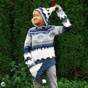 Recycled Sweater Hoodie Top Gypsy Hippie Boho Pagan Fairy Pixie Elvish Nymph Dryad Woodland Fantasy OOAK Patchwork Hooded Tunic Sweater Coat
