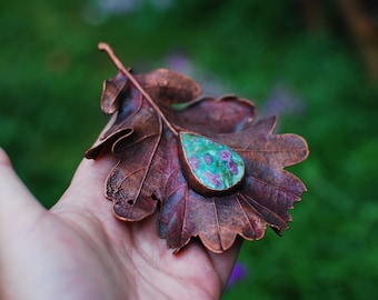 Copper Ruby Fuchsite Real Oak Leaf Pendant Electroformed Necklace Fairy Pixie Elf Nymph Dryad Boho Hippie Gypsy Woodland Gift for Her