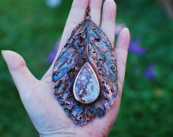 Electroformed Copper Agate Crazy Lace Real Leaf Pendant Fairy Pixie Elf Nymph Dryad Boho Gypsy Woodland Necklace Gift for Her