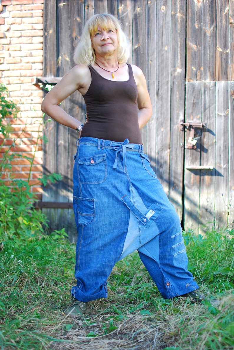 Recycled Denim Patchwork Harem Pants Upcycled Jeans Yoga Pants Drop Crotch Trousers Unisex Boho Hippie Gypsy Nomad Aladdin Genie Loose Pants