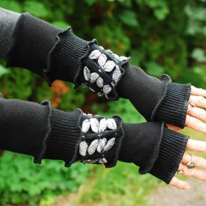 Arm Warmers Recycled Wool Sweaters Mittens Fingerless Gloves Armwarmers Cuffs OOAK Hand Warmers Woodland Fantasy Long Arm Warmers Black