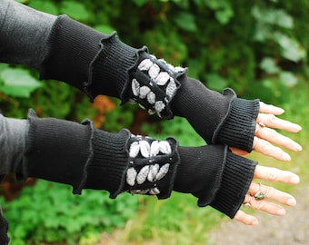 Arm Warmers Recycled Wool Sweaters Mittens Fingerless Gloves Armwarmers Cuffs OOAK Hand Warmers Woodland Fantasy Long Arm Warmers Black