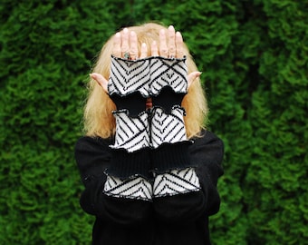 Arm Warmers Recycled Wool Sweaters Mittens Fingerless Gloves Armwarmers Cuffs OOAK Hand Warmers Woodland Fantasy Long Arm Warmers Black