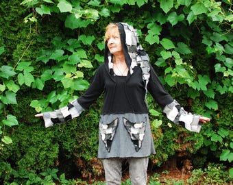 Recycled Sweater Hoodie Top Gypsy Hippie Boho Pagan Fairy Pixie Elvish Nymph Dryad Woodland Fantasy OOAK Patchwork Hooded Tunic Sweater Coat