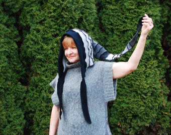 Recycled Wool Pixie Fairy Elven Pointy Hooded Scarf Nymph Dryad Gnome Scoodie Hippie Boho Gypsy Dreadlock Hat Festival Clothing Gray Hood