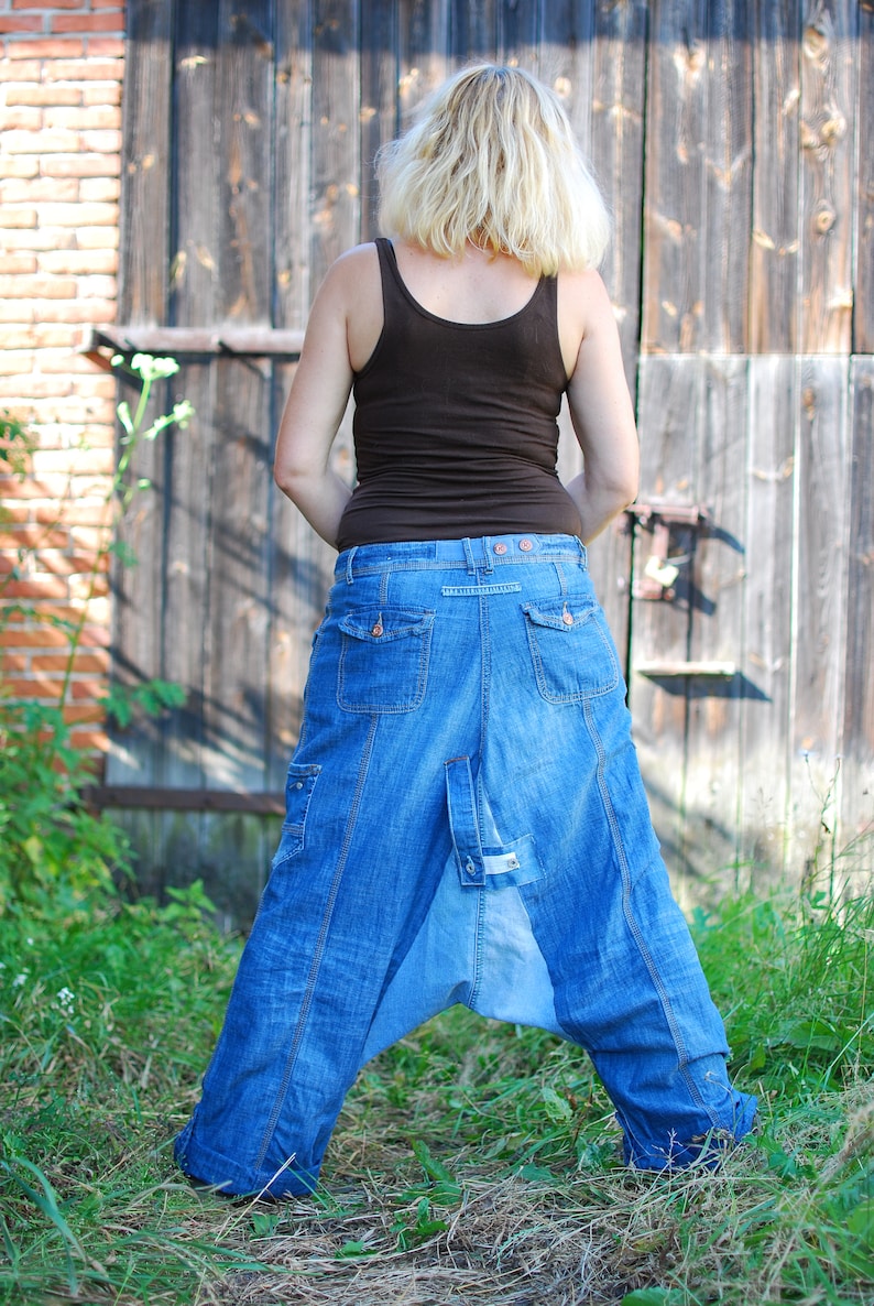 Recycled Denim Patchwork Harem Pants Upcycled Jeans Yoga Pants Drop Crotch Trousers Unisex Boho Hippie Gypsy Nomad Aladdin Genie Loose Pants