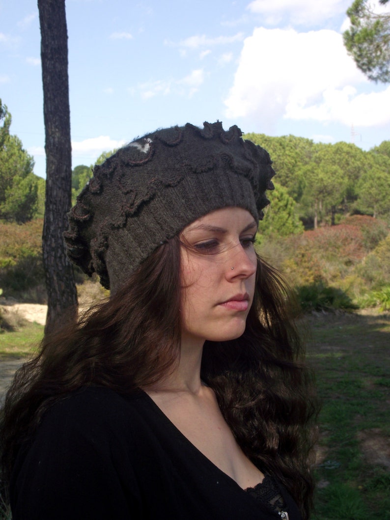 Recycled wool fabric beanie hat Upcycled hat Wool hat Wool beret OOAK Chunky hat Brown hat