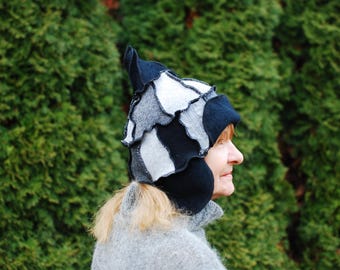 Recycled Beanie Hat Slouchy Wool Hat Hippie Boho Gypsy Upcycled Gnome Pixie Fairy Elven Witch Woodland OOAK Pagan Pointy Hat Gray Black Hat