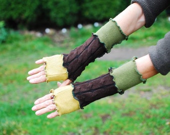 Recycled Wool Sweaters Fall Mittens Fingerless Gloves Arm Warmers Armwarmers Cuffs OOAK Hand Warmers Woodland Fantasy Long Arm Warmers