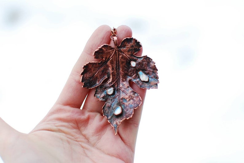 Electroformed Copper and Aura Quartz Real Leaf Pendant Healing Necklace OOAK Fairy Pixie Elf Nymph Dryad Boho Hippie Gypsy Woodland