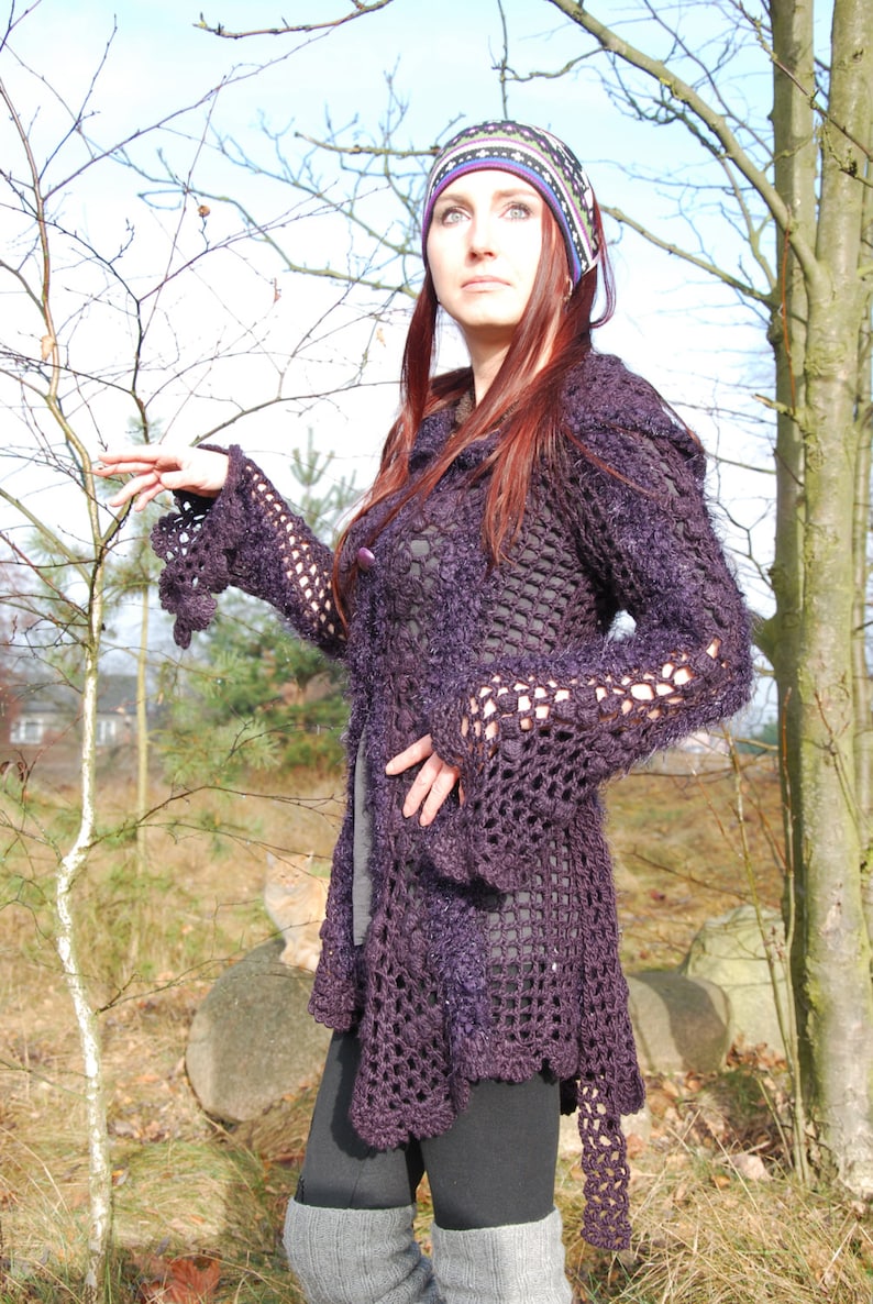 Solstice Crochet Lace Hooded Cardigan Jacket Purple/Wine