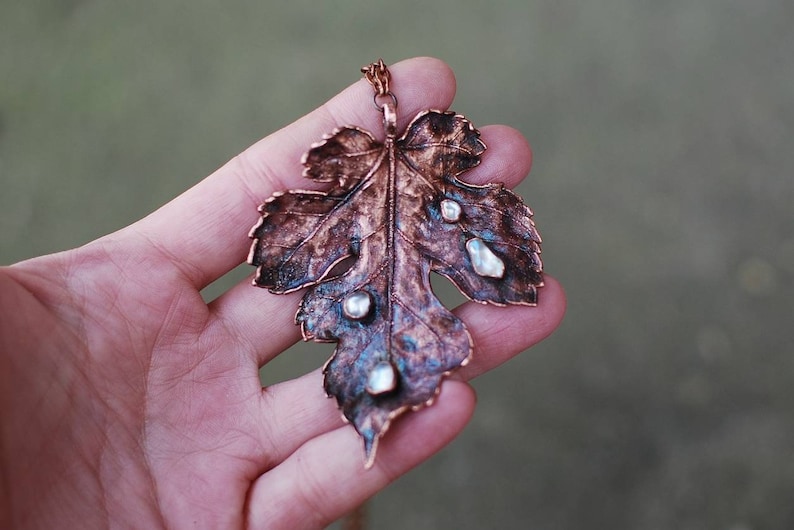 Electroformed Copper and Aura Quartz Real Leaf Pendant Healing Necklace OOAK Fairy Pixie Elf Nymph Dryad Boho Hippie Gypsy Woodland