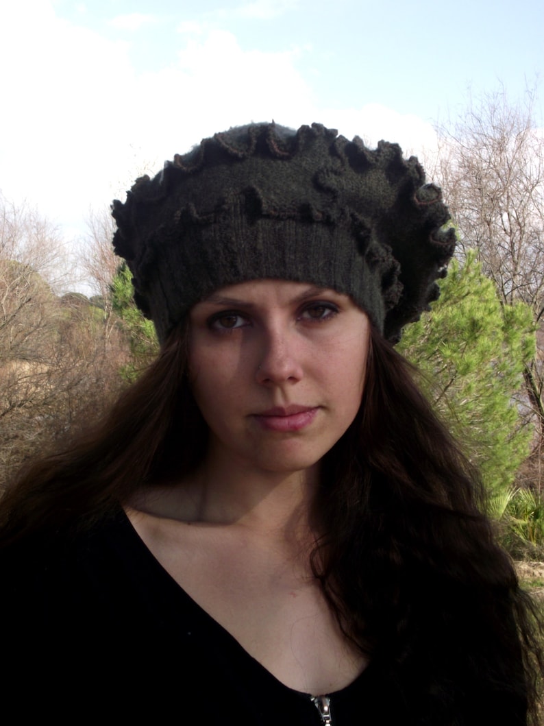 Recycled wool fabric beanie hat Upcycled hat Wool hat Wool beret OOAK Chunky hat Brown hat