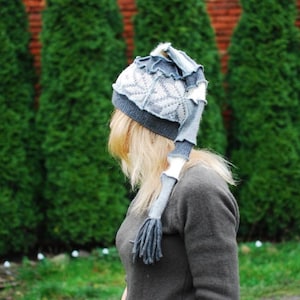 Recycled Knit Beanie Slouchy Wool Hat Hippie Boho Gypsy Upcycled Gnome Pixie Fairy Elven Witch Woodland OOAK Pagan Gray Pointy Hat Patchwork
