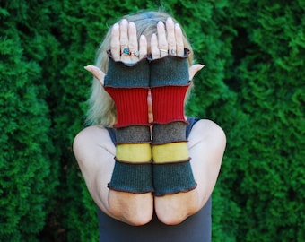 Arm Warmers Recycled Wool Sweaters Mittens Fingerless Gloves Armwarmers Cuffs OOAK Hand Warmers Woodland Fantasy Long Arm Warmers Autumn