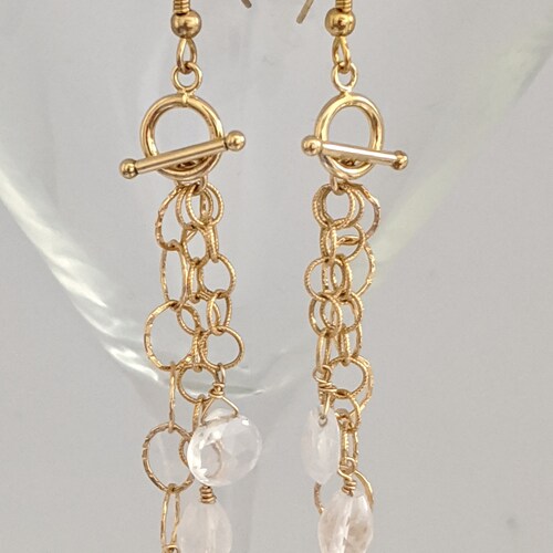 Gold-Filled and Ice Quartz newest Long Chain Earrings