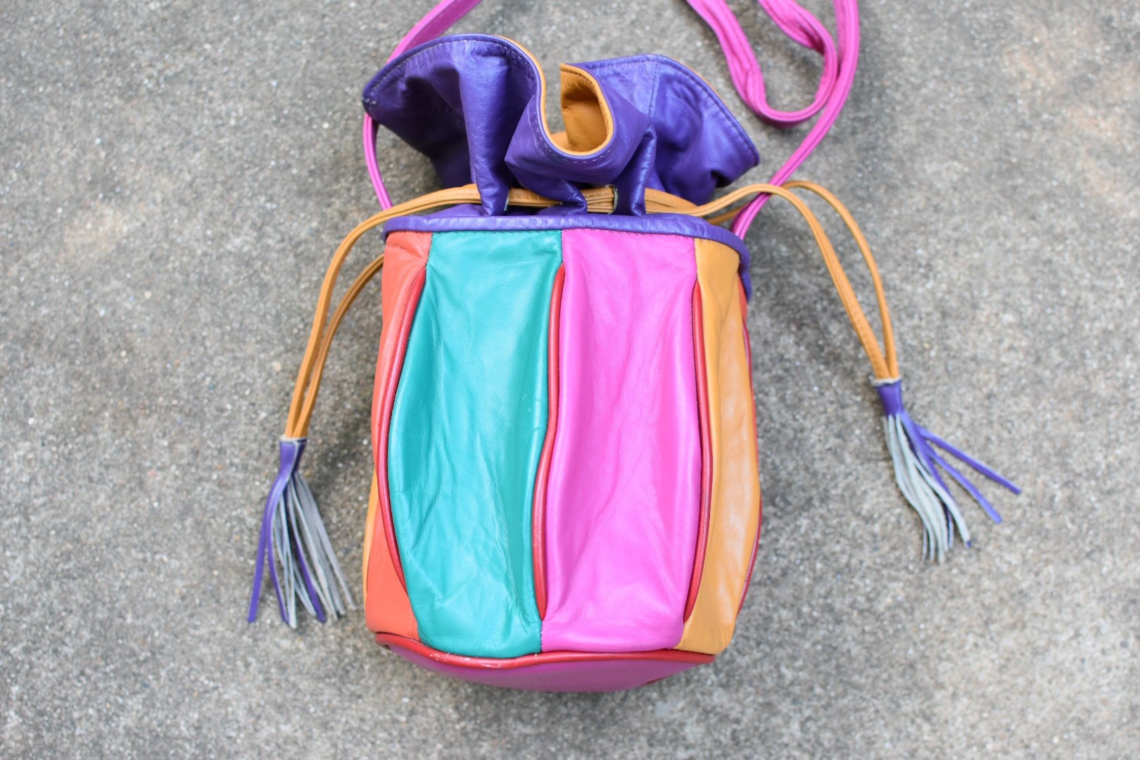 80's 90's Vintage Leather Neon Bucket Bag