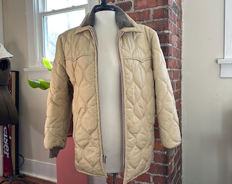 Pioneer Wear - Chaqueta acolchada beige con cuello de piel, talla XL, años 70