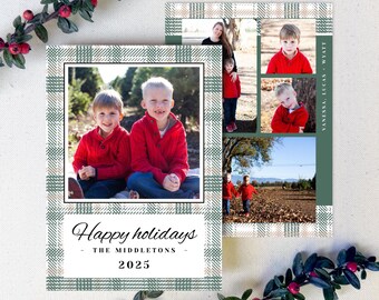 Kerstkaart met foto's, bewerkbaar en afdrukbaar, dubbelzijdig, geruite gingham, groen, beige en zwart, nieuw in 2025