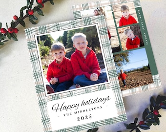 Kerstkaart met foto, afdrukbaar en bewerkbaar, dubbelzijdig, geruite gingham, groen, neutraal taupe en zwart, 2025