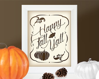Happy Fall Y'all afdrukbare kunst, rustiek decor, poster pompoen en blad, 11 x 14, 8 x 10, 5 x 7, bruin bruin, instant download pdf JPG Vintage Halloween