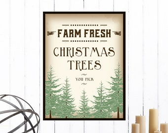 Boerderij vers bomen Kerstaffiche Vintage Christmas Art Christmas afdrukbare Wall Art, rustieke afdrukbare vakantie teken, Fir Tree decoratie