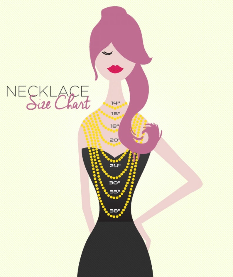 May include: Illustration of a woman in a black dress with a necklace size chart. The chart displays necklace lengths from 14 inches to 36 inches. The text "NECKLACE Size Chart" is displayed on the left side of the image.