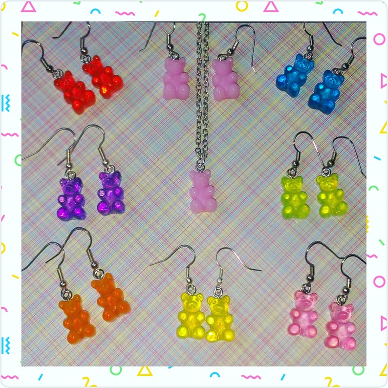 Gummy Bear Colourful Matching Necklace Earring Sets Kitsch Miniature Food Candy Sweets