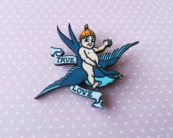 Retro Cherub on Swallow Wooden Brooch / Pin ---- Tattoo Style