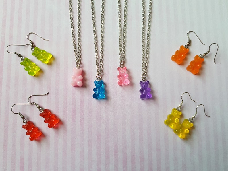 Gummy Bear Colourful Matching Necklace Earring Sets Kitsch Miniature Food Candy Sweets