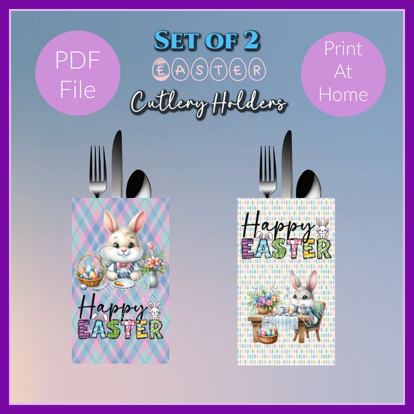 Set of 2 Printable Easter Silverware Cutlery Holders Instant download, Paper Pouch Bag Flatware Bag Party Table Decor PDF Print At Home