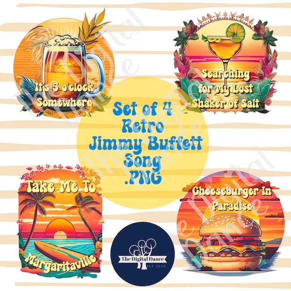 Set of 4 Jimmy Buffett Inspired Graphics Digital Download PNG Retro Beach Margarita Surf Beer sunset