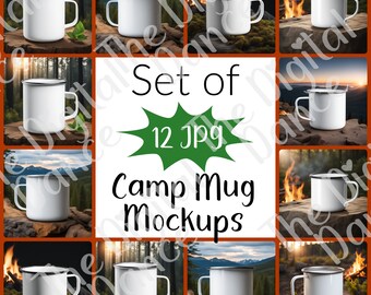 Set of 12 Camp Mug MockUps, Coffee Cup Mock up, Camping Cup Mock Up, Photograph Outdoor Mug Adventure mug JPG Digital Download