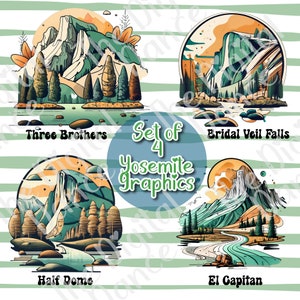 May include: Set of four illustrated Yosemite National Park landmarks. The illustrations feature Half Dome, El Capitan, Bridal Veil Falls, and Three Brothers. Each illustration is surrounded by a circle and set against a striped background.