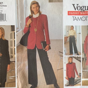 May include: Vogue career wardrobe sewing pattern featuring a red blazer, black pants, and a black coat dress. The pattern includes sizes 8-10-12. The image shows a woman wearing the different outfits. The pattern is labeled "TAMOTSU".