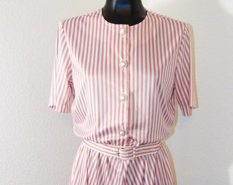 Vintage 1980s Pink & white Striped Belted Dress by Blair