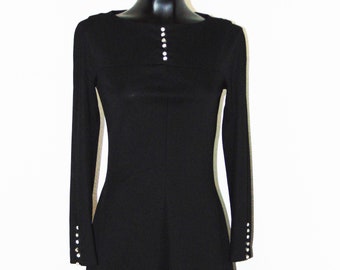 Vintage 1960s Black Dress with Crystal Buttons by Mort Schrader in sz Small